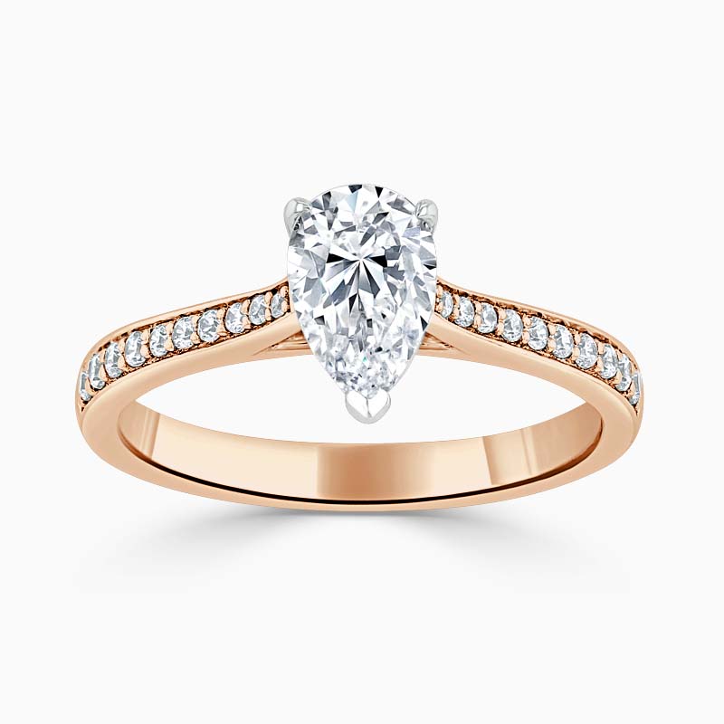 18ct Rose Gold Pear Shape Tapered Pavé Engagement Ring