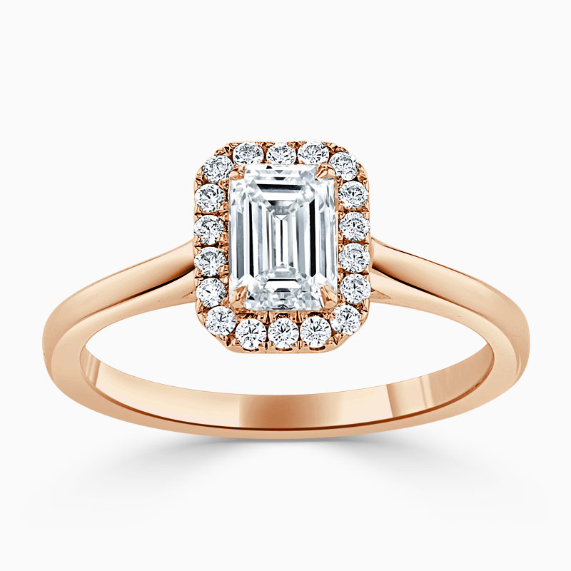 18ct Rose Gold Emerald Cut Classic Plain Halo Engagement Ring