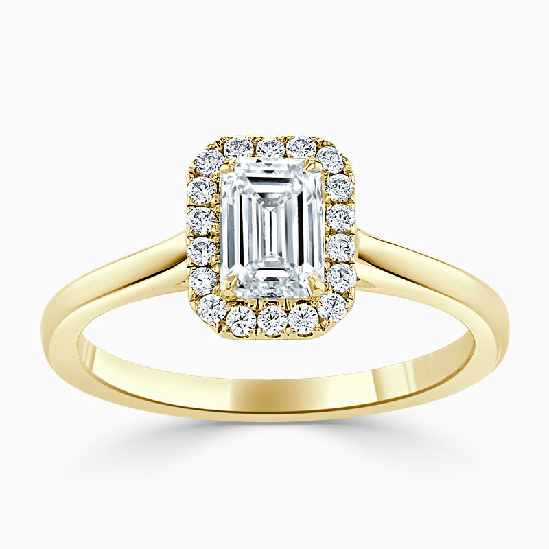 18ct Yellow Gold Emerald Cut Classic Plain Halo Engagement Ring