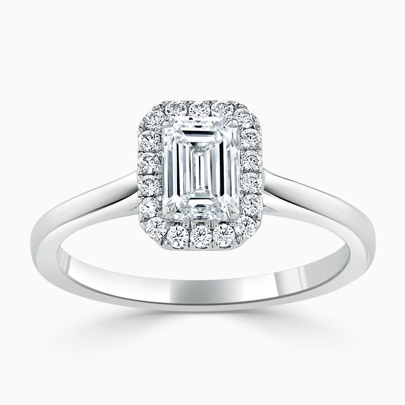 Platinum Emerald Cut Classic Plain Halo Engagement Ring