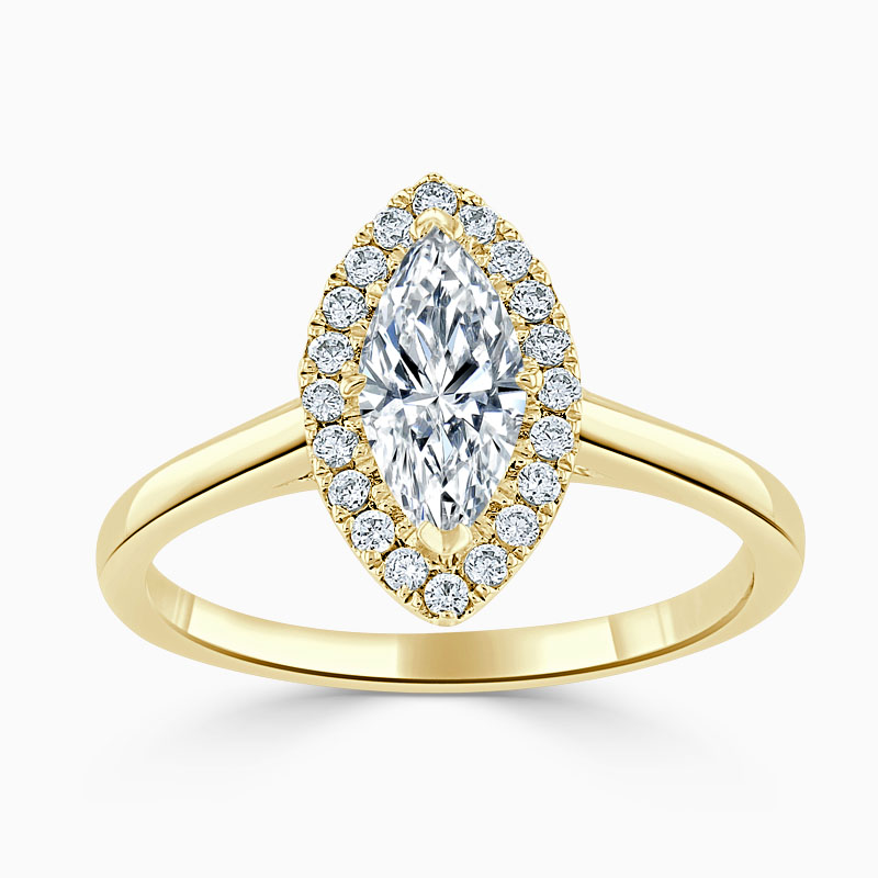 18ct Yellow Gold Marquise Cut Classic Plain Halo Engagement Ring