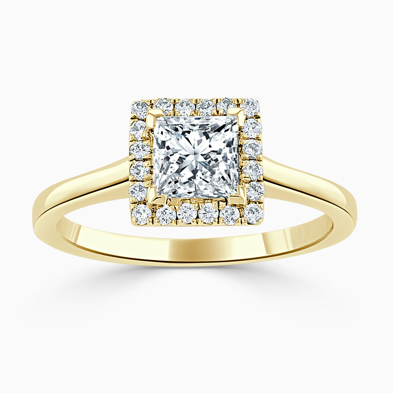 18ct Yellow Gold Princess Cut Classic Plain Halo Engagement Ring