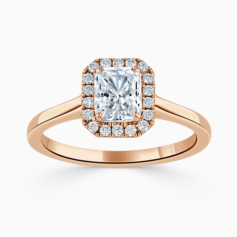 18ct Rose Gold Radiant Cut Classic Plain Halo Engagement Ring