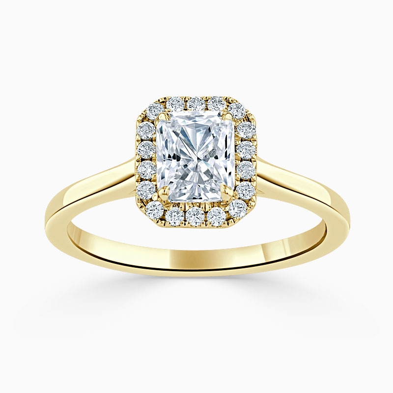 18ct Yellow Gold Radiant Cut Classic Plain Halo Engagement Ring