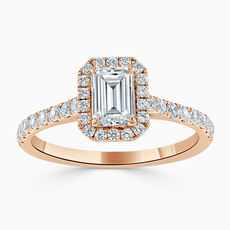18ct Rose Gold Emerald Cut Classic Wedfit Halo Engagement Ring
