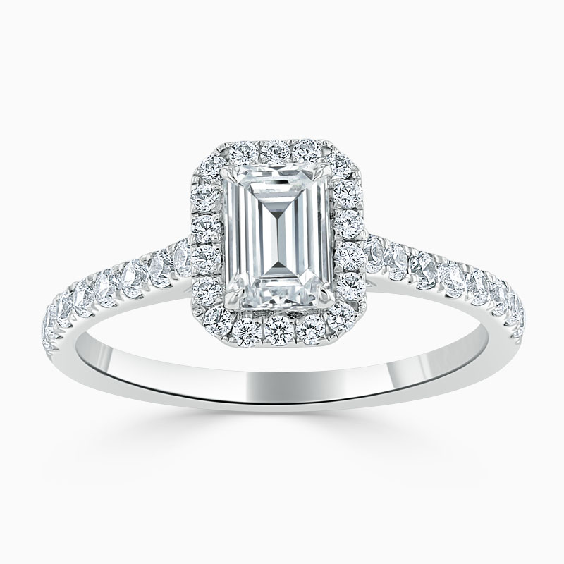 18ct White Gold Emerald Cut Classic Wedfit Halo Engagement Ring