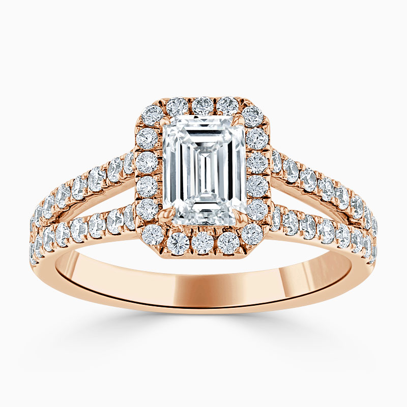18ct Rose Gold Emerald Cut Split Shoulder Halo Engagement Ring