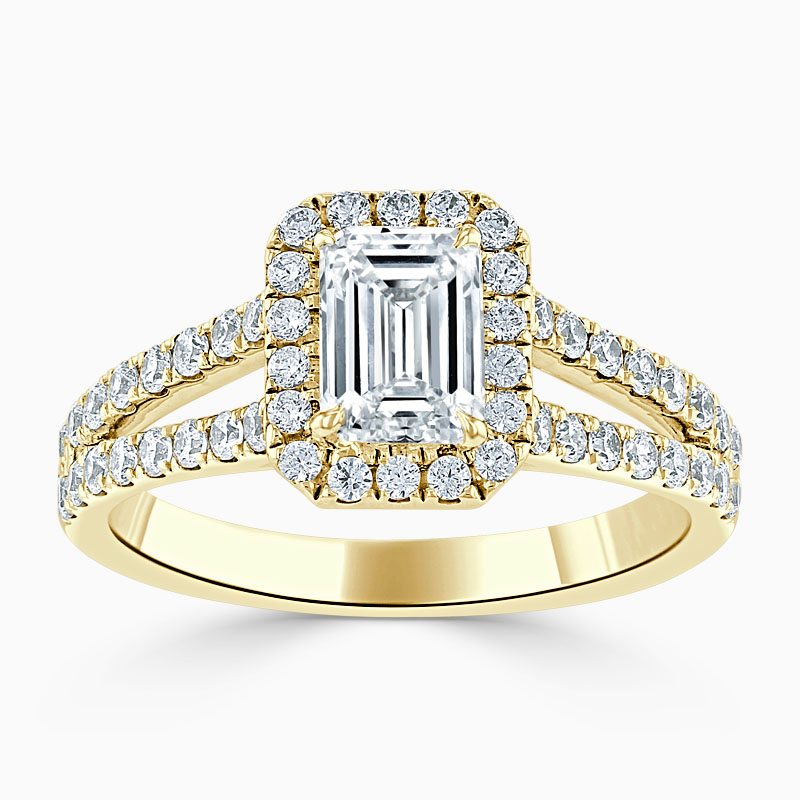 18ct Yellow Gold Emerald Cut Split Shoulder Halo Engagement Ring