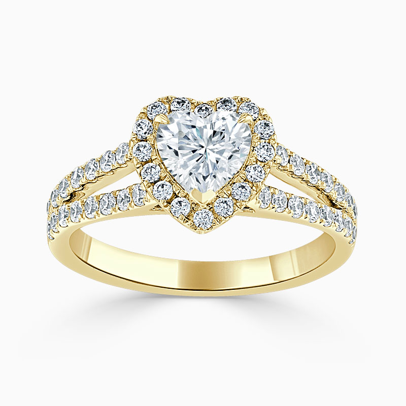 18ct Yellow Gold Heart Shape Split Shoulder Halo Engagement Ring