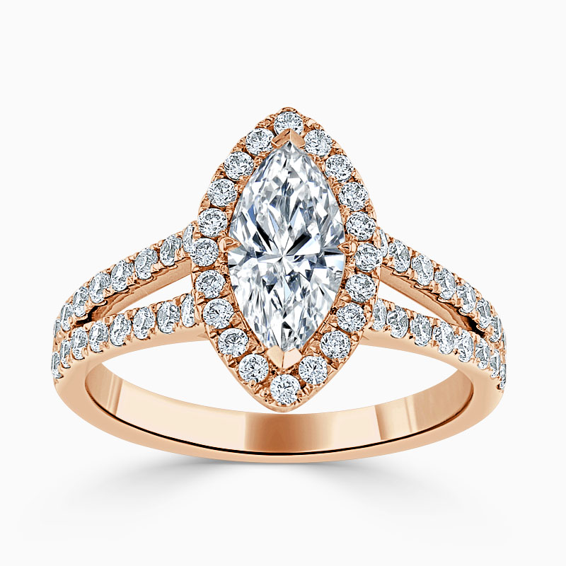 18ct Rose Gold Marquise Cut Split Shoulder Halo Engagement Ring