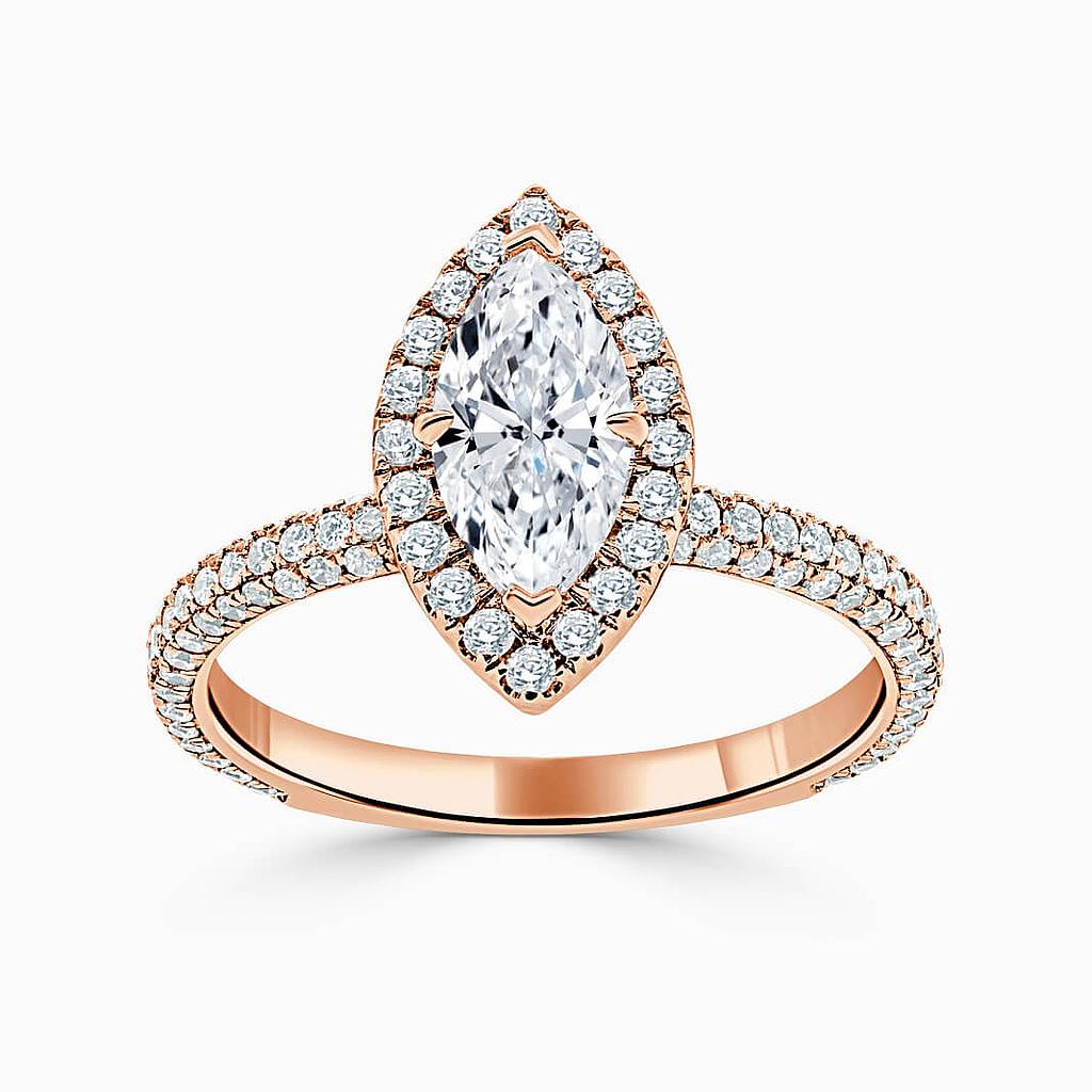 18ct Rose Gold Marquise Cut Halo With Micro Pave Engagement Ring