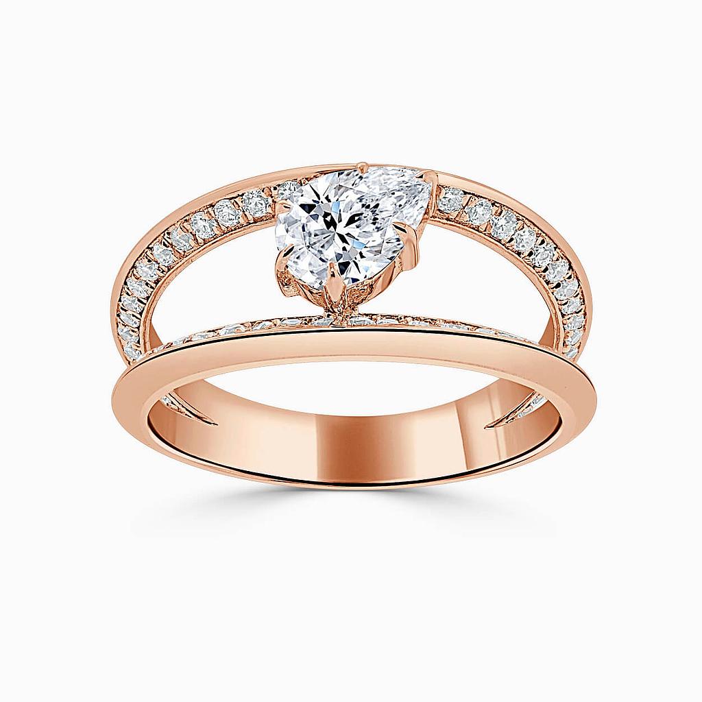 18ct Rose Gold Pear Shape 6 Claw With Double Pave Band Engagement Ring