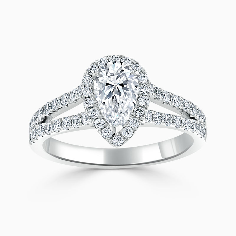 18ct White Gold Pear Shape Split Shoulder Halo Engagement Ring