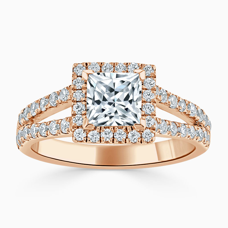 18ct Rose Gold Princess Cut Split Shoulder Halo Engagement Ring
