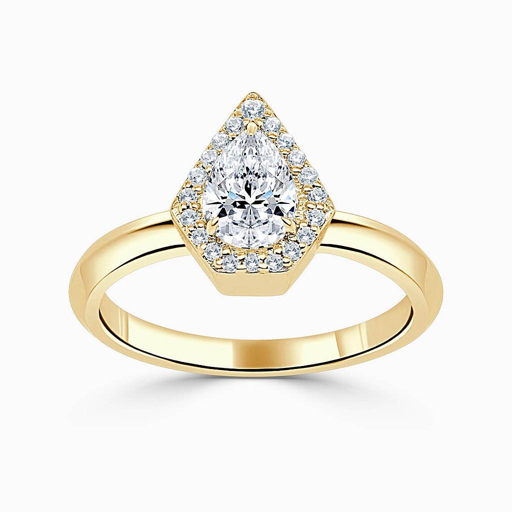 18ct Yellow Gold Pear Shape Knife Edge Geo Halo Engagement Ring