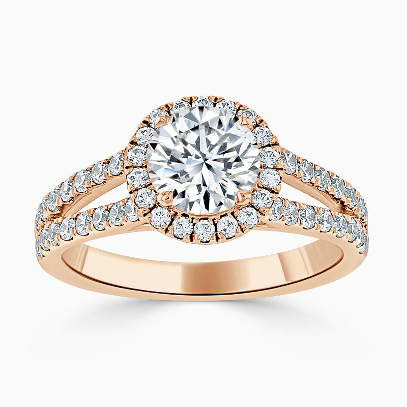 18ct Rose Gold Round Brilliant Split Shoulder Halo Engagement Ring