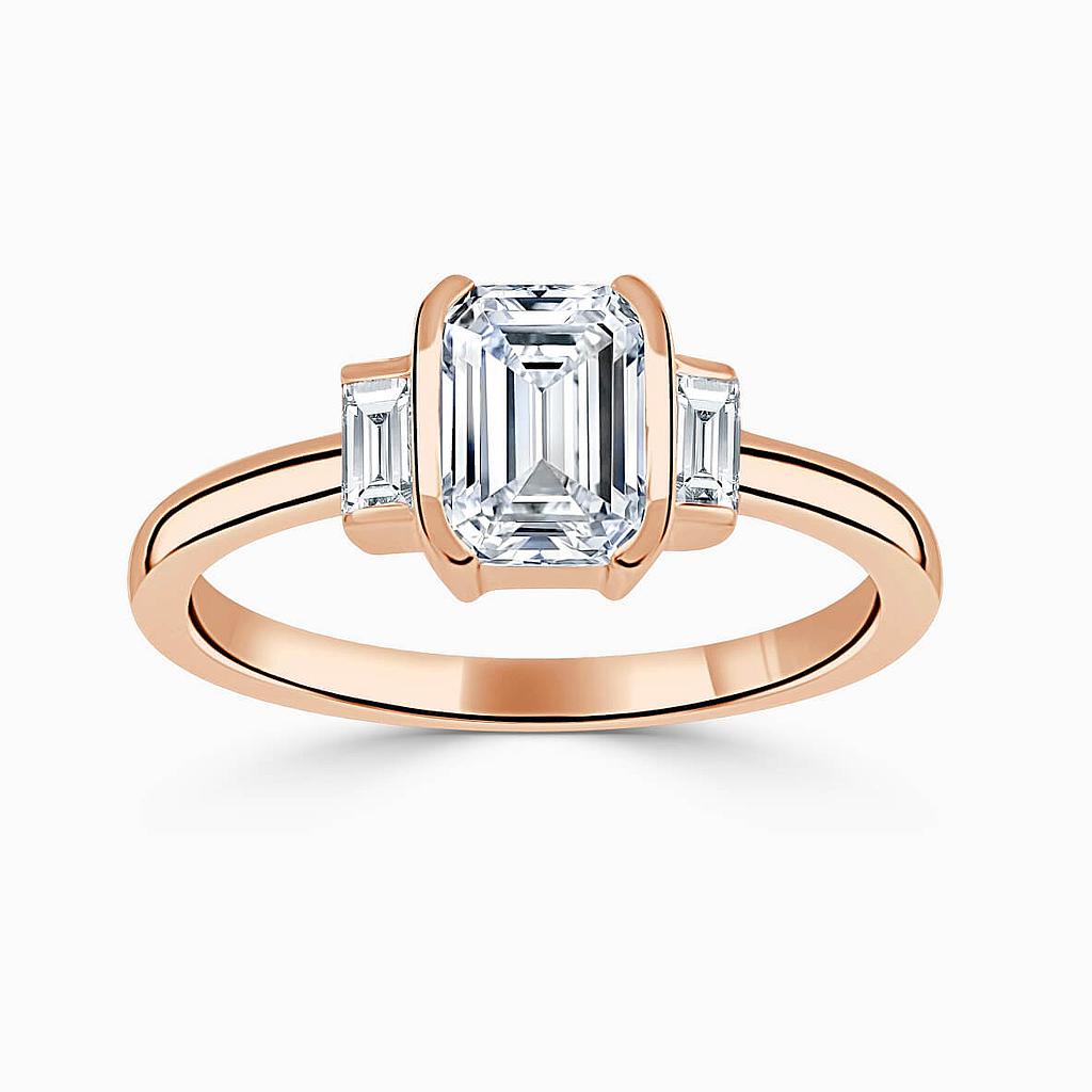 18ct Rose Gold Emerald Cut Art Deco 3 Stone With Baguettes Engagement Ring