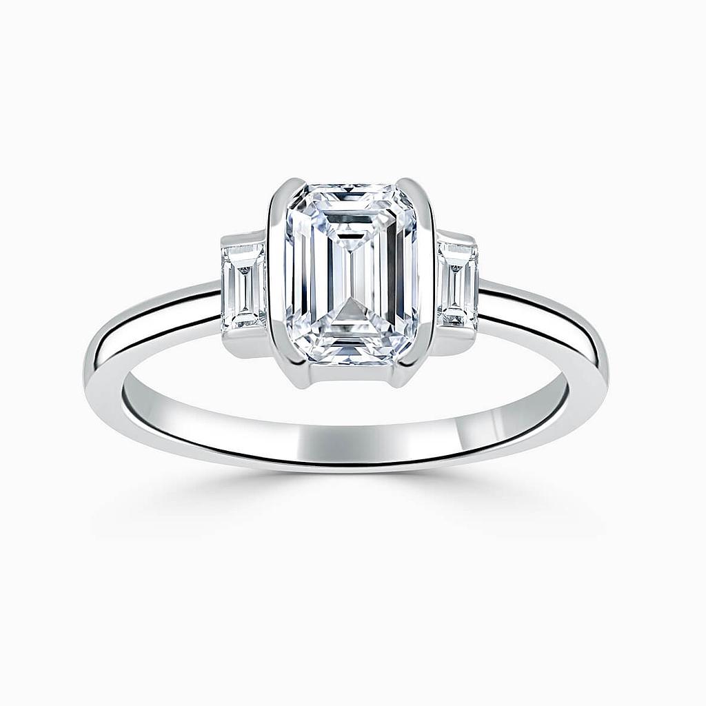 18ct White Gold Emerald Cut Art Deco 3 Stone With Baguettes Engagement Ring