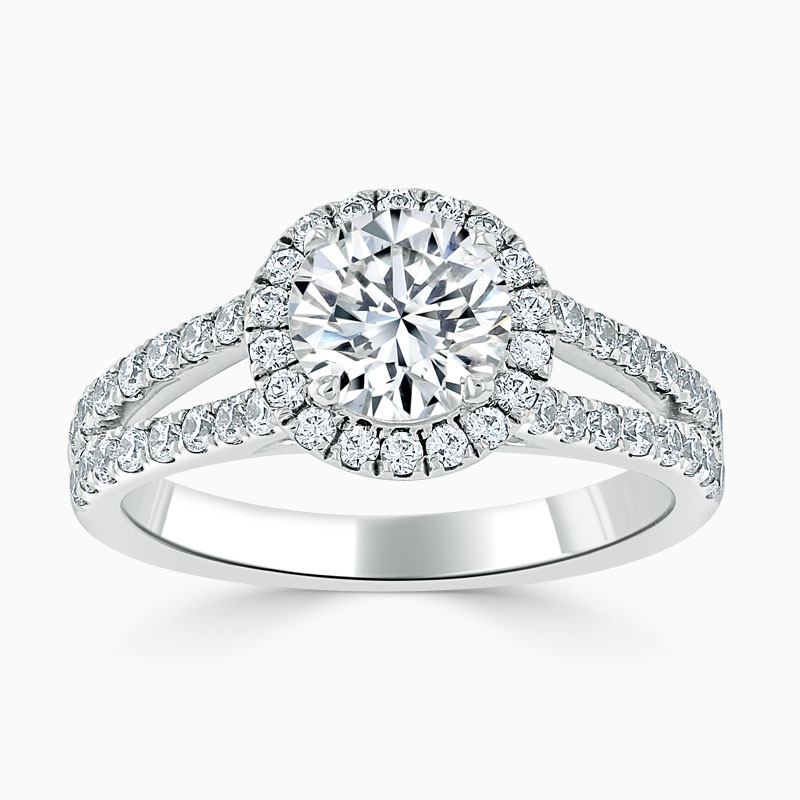 Platinum Round Brilliant Split Shoulder Halo Engagement Ring