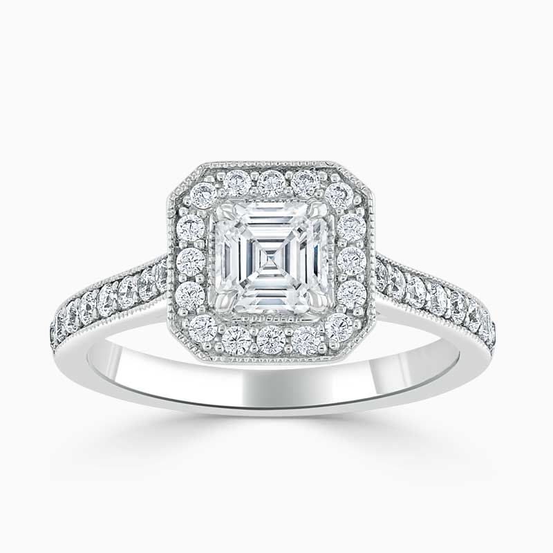 18ct White Gold Asscher Cut Vintage Pavé Halo Engagement Ring