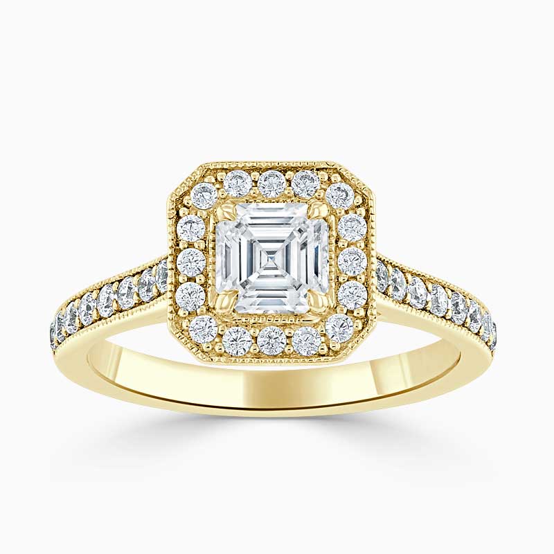 18ct Yellow Gold Asscher Cut Vintage Pavé Halo Engagement Ring