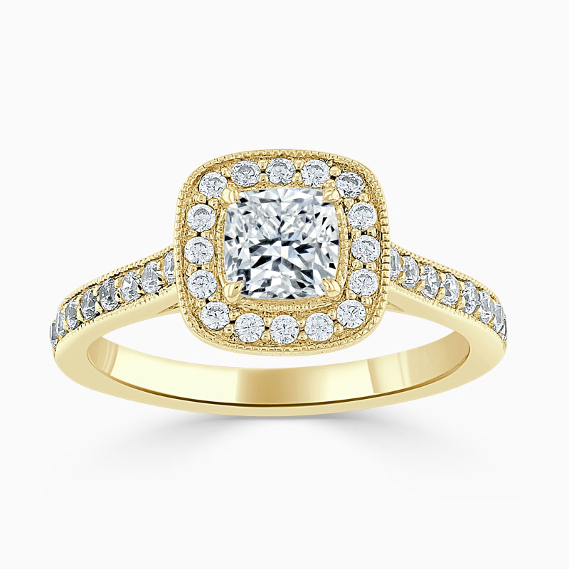 18ct Yellow Gold Cushion Cut Vintage Pavé Halo Engagement Ring