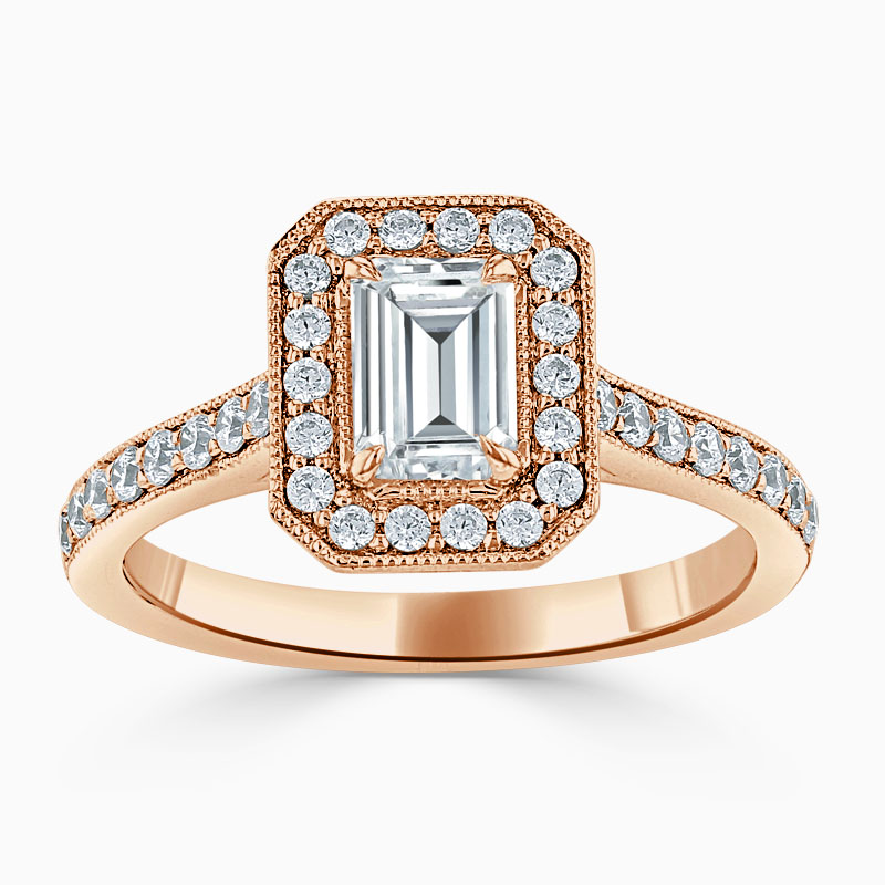 18ct Rose Gold Emerald Cut Vintage Pavé Halo Engagement Ring