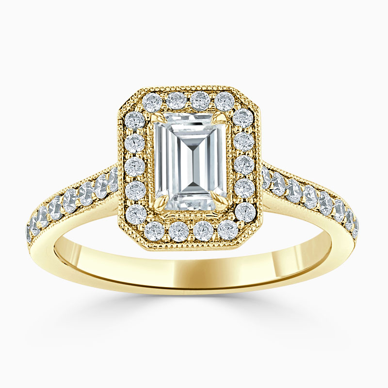 18ct Yellow Gold Emerald Cut Vintage Pavé Halo Engagement Ring