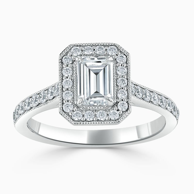Platinum Emerald Cut Vintage Pavé Halo Engagement Ring