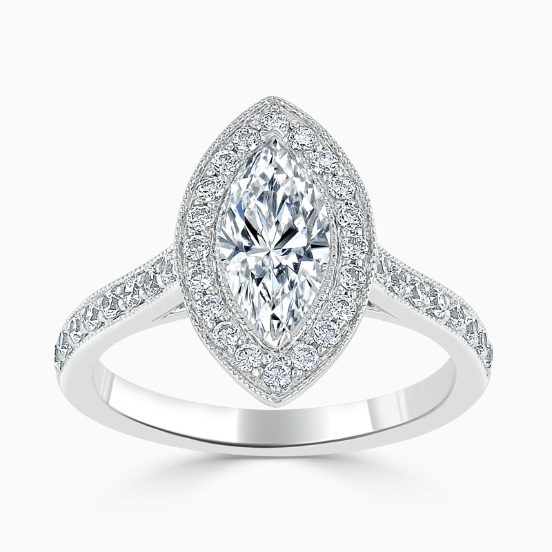 Platinum Marquise Cut Vintage Pavé Halo Engagement Ring