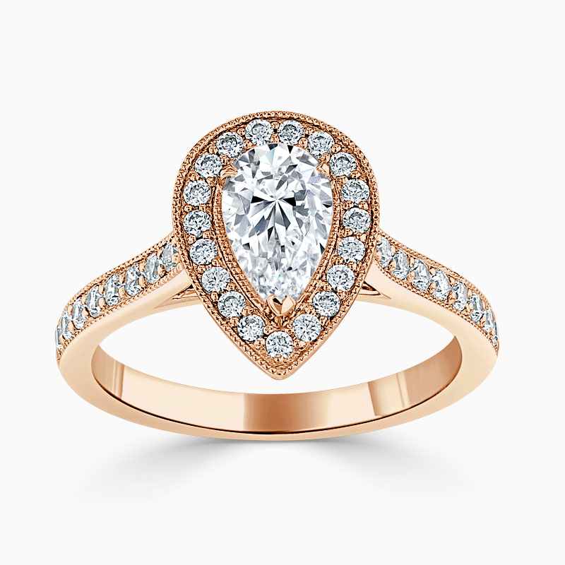18ct Rose Gold Pear Shape Vintage Pavé Halo Engagement Ring