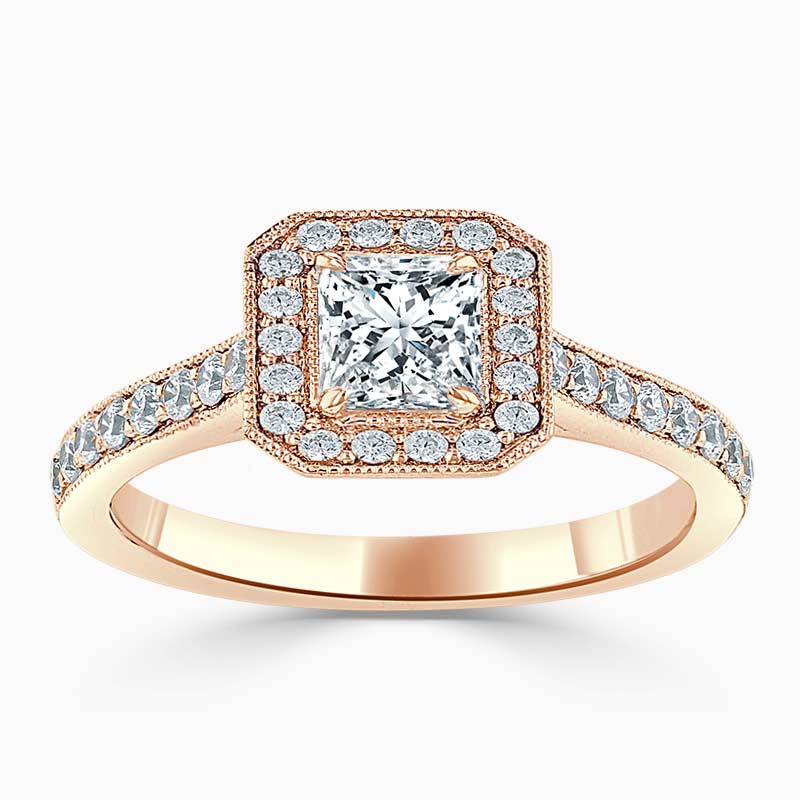 18ct Rose Gold Princess Cut Vintage Pavé Halo Engagement Ring
