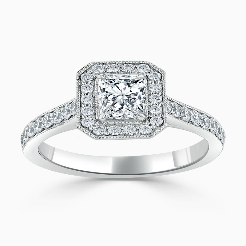 18ct White Gold Princess Cut Vintage Pavé Halo Engagement Ring