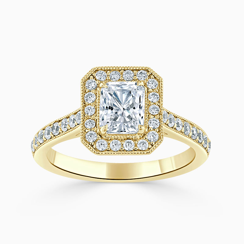 18ct Yellow Gold Radiant Cut Vintage Pavé Halo Engagement Ring