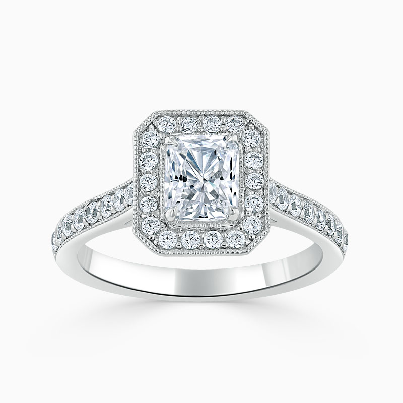 Platinum Radiant Cut Vintage Pavé Halo Engagement Ring