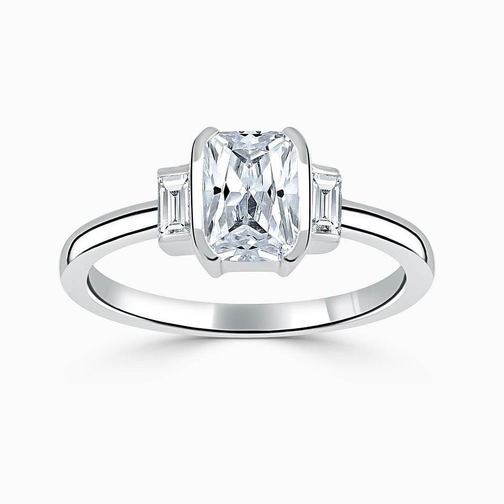 18ct White Gold Radiant Cut Art Deco 3 Stone With Baguettes Engagement Ring