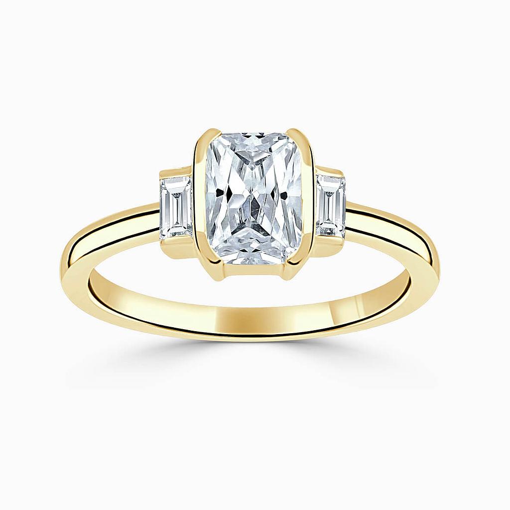 18ct Yellow Gold Radiant Cut Art Deco 3 Stone With Baguettes Engagement Ring