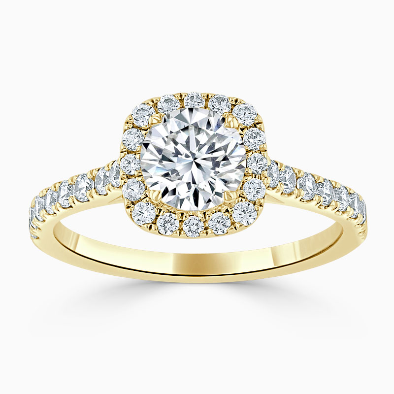 18ct Yellow Gold Round Brilliant Halo Cushion Shaped Engagement Ring
