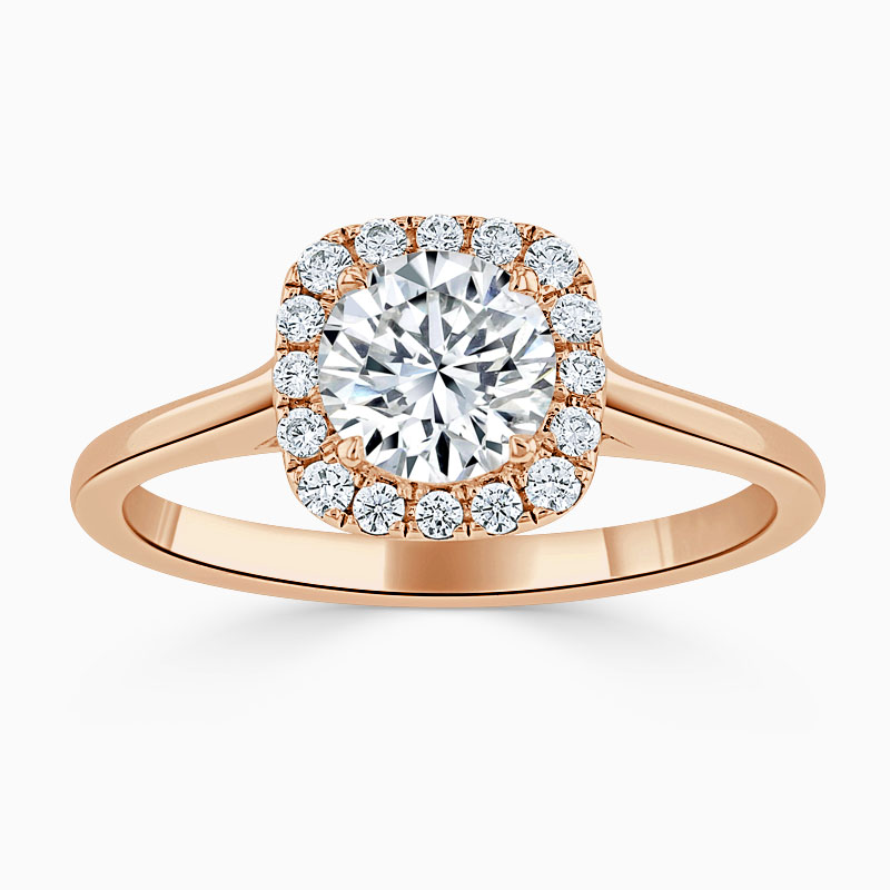 18ct Rose Gold Round Brilliant Plain Halo Cushion Shaped Engagement Ring
