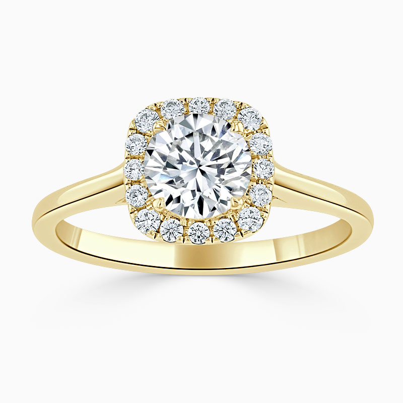 18ct Yellow Gold Round Brilliant Plain Halo Cushion Shaped Engagement Ring