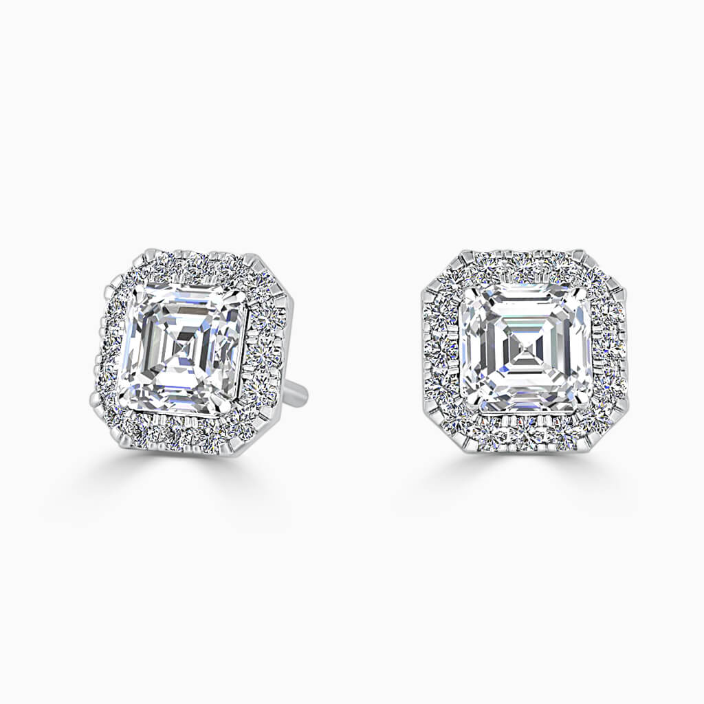 18ct White Gold Asscher Cut Halo Diamond Stud Earrings Diamond Earrings