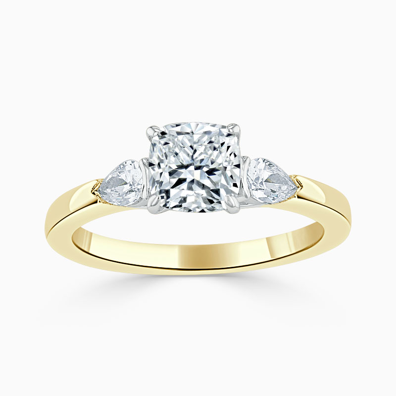 18ct Yellow Gold Cushion Cut 3 Stone with Pears Engagement Ring
