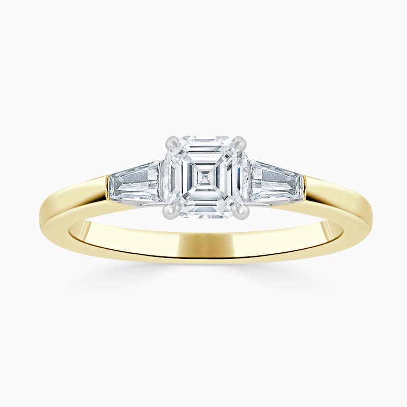 18ct Yellow Gold Asscher Cut 3 Stone with Tapers Engagement Ring