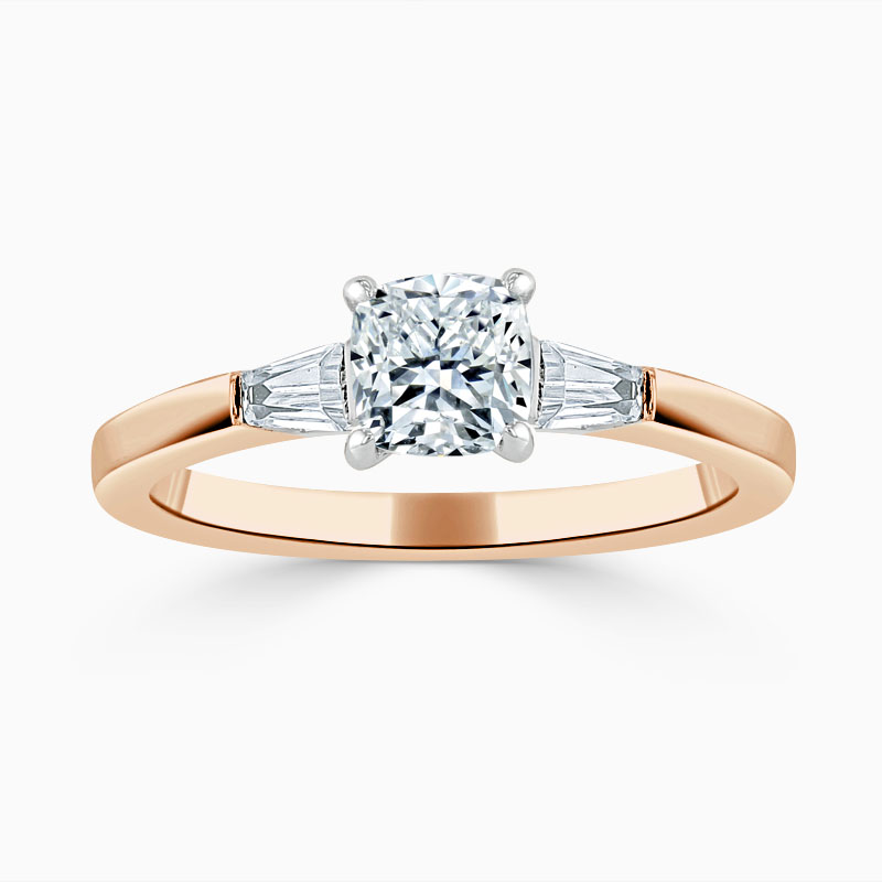18ct Rose Gold Cushion Cut 3 Stone with Tapers Engagement Ring