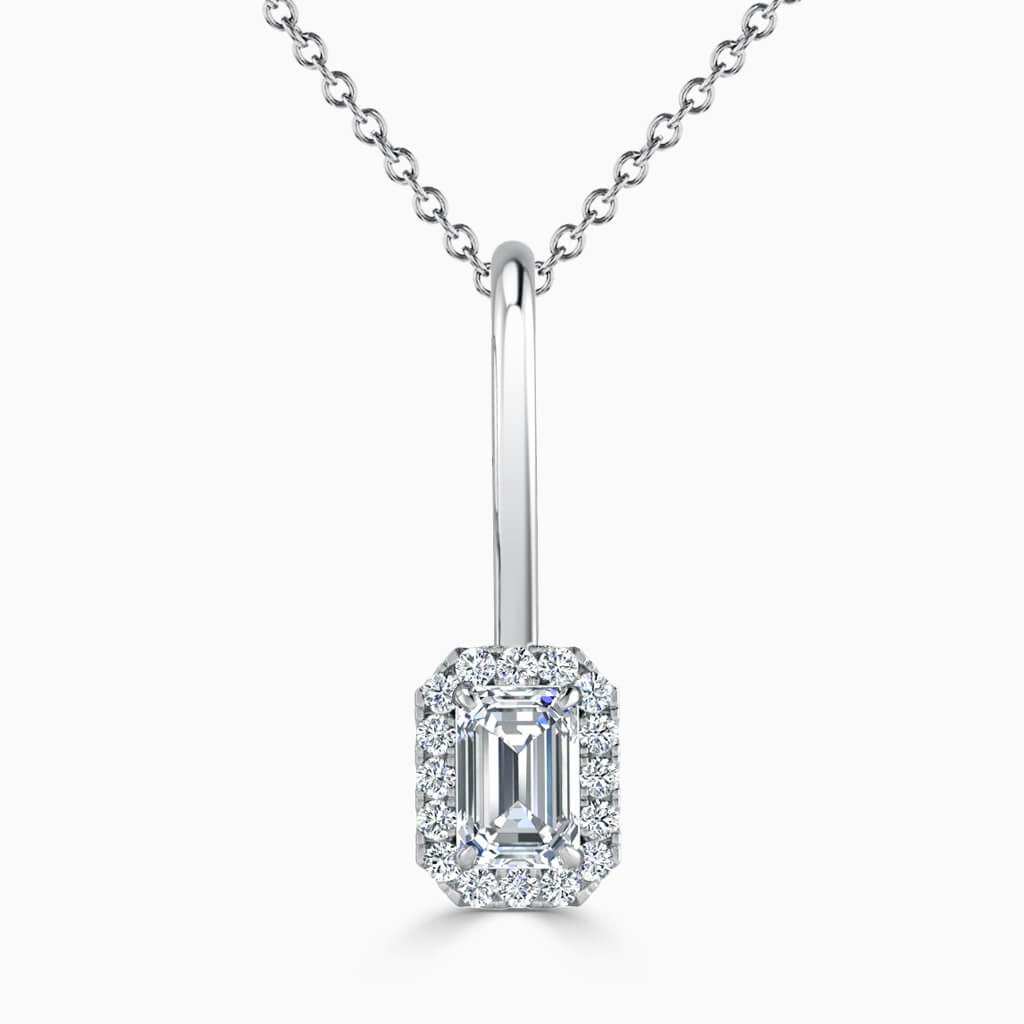 18ct White Gold Emerald Cut Diamond Drop Pendant
