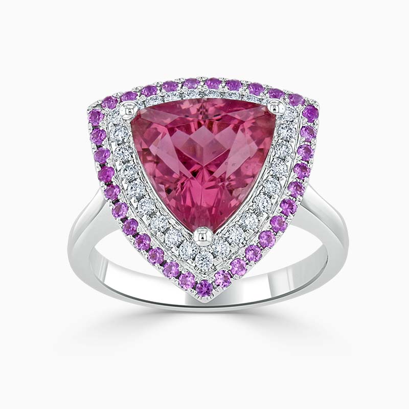 18ct White Gold Trillion Pink Tourmaline & Diamond Double Halo Ring