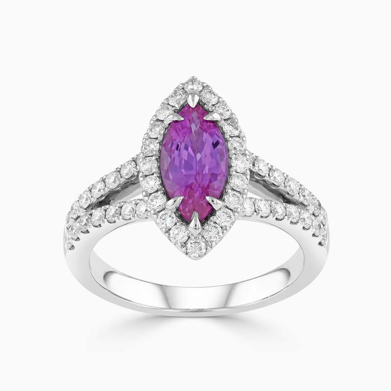 18ct White Gold Marquise Pink Sapphire and Diamond Halo Ring