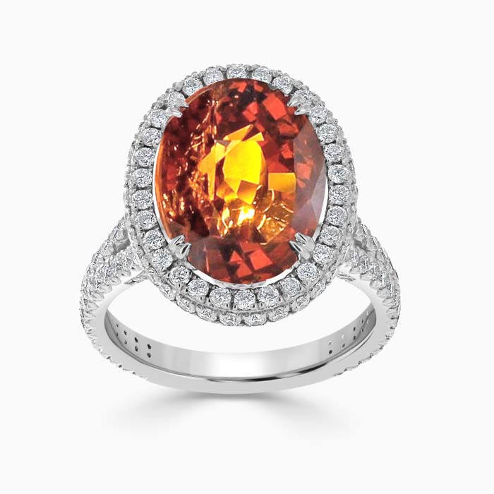 18ct White Gold Oval Spessartite and Diamond Statement Halo Ring