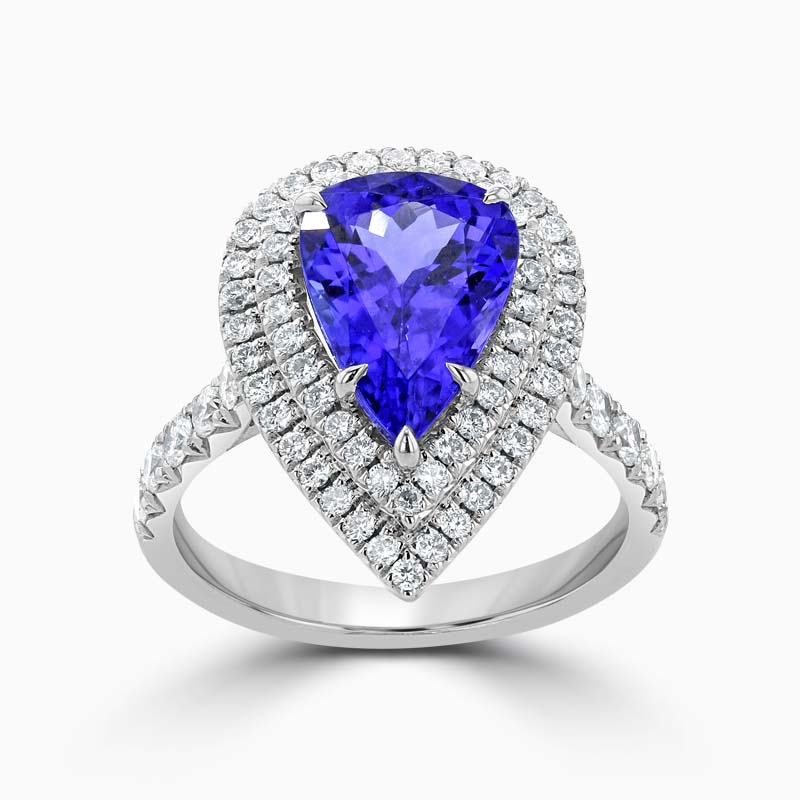 18ct White Gold Pear Shape Tanzanite and Diamond Double Halo Ring