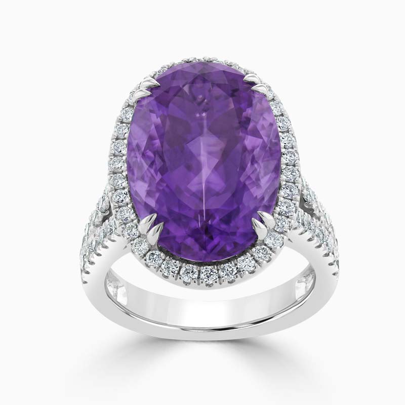 18ct White Gold Oval Amethyst and Diamond Pave Halo Dress Ring